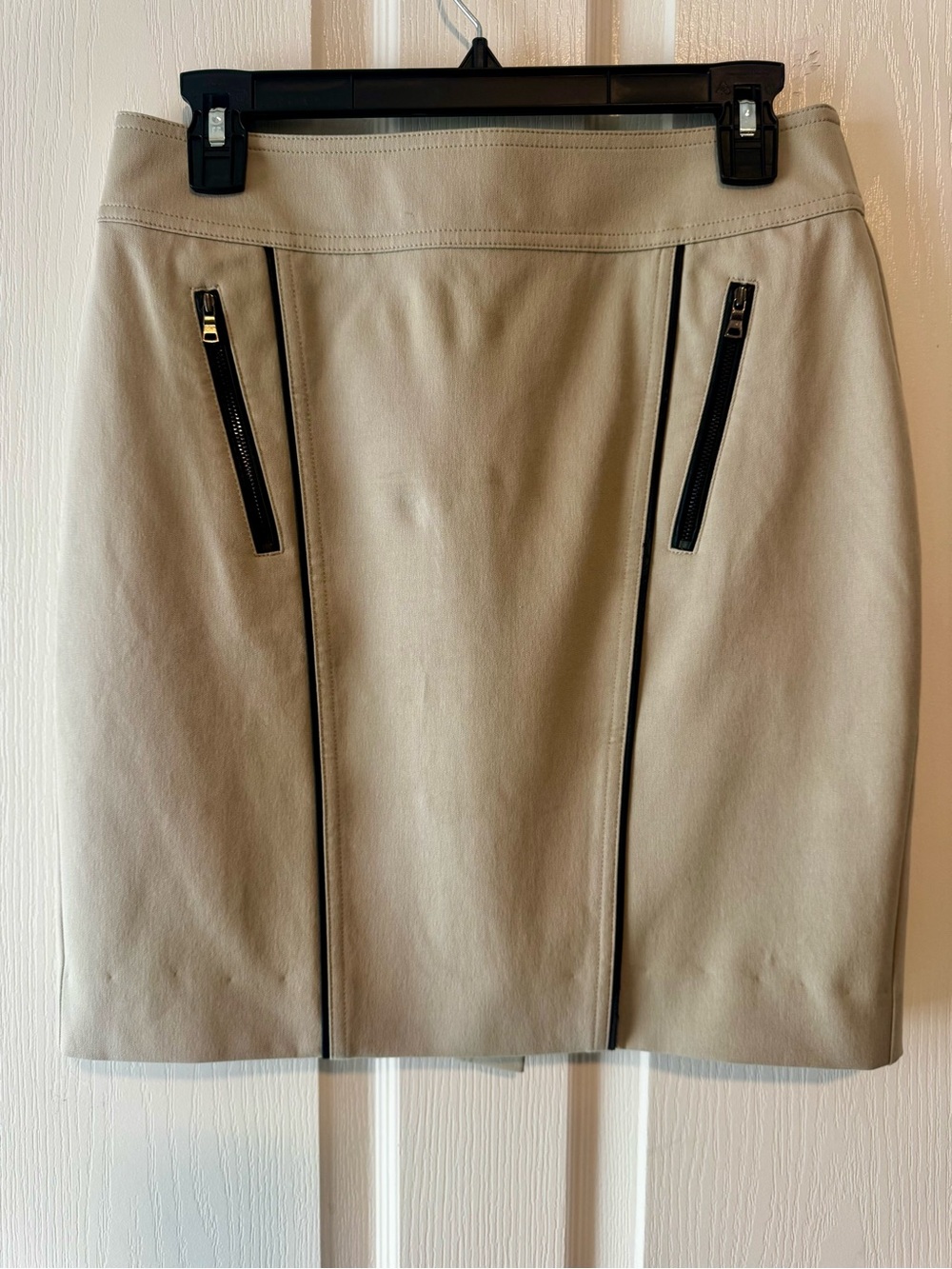 Classic Beige Pencil Skirt with Contrast Zippers